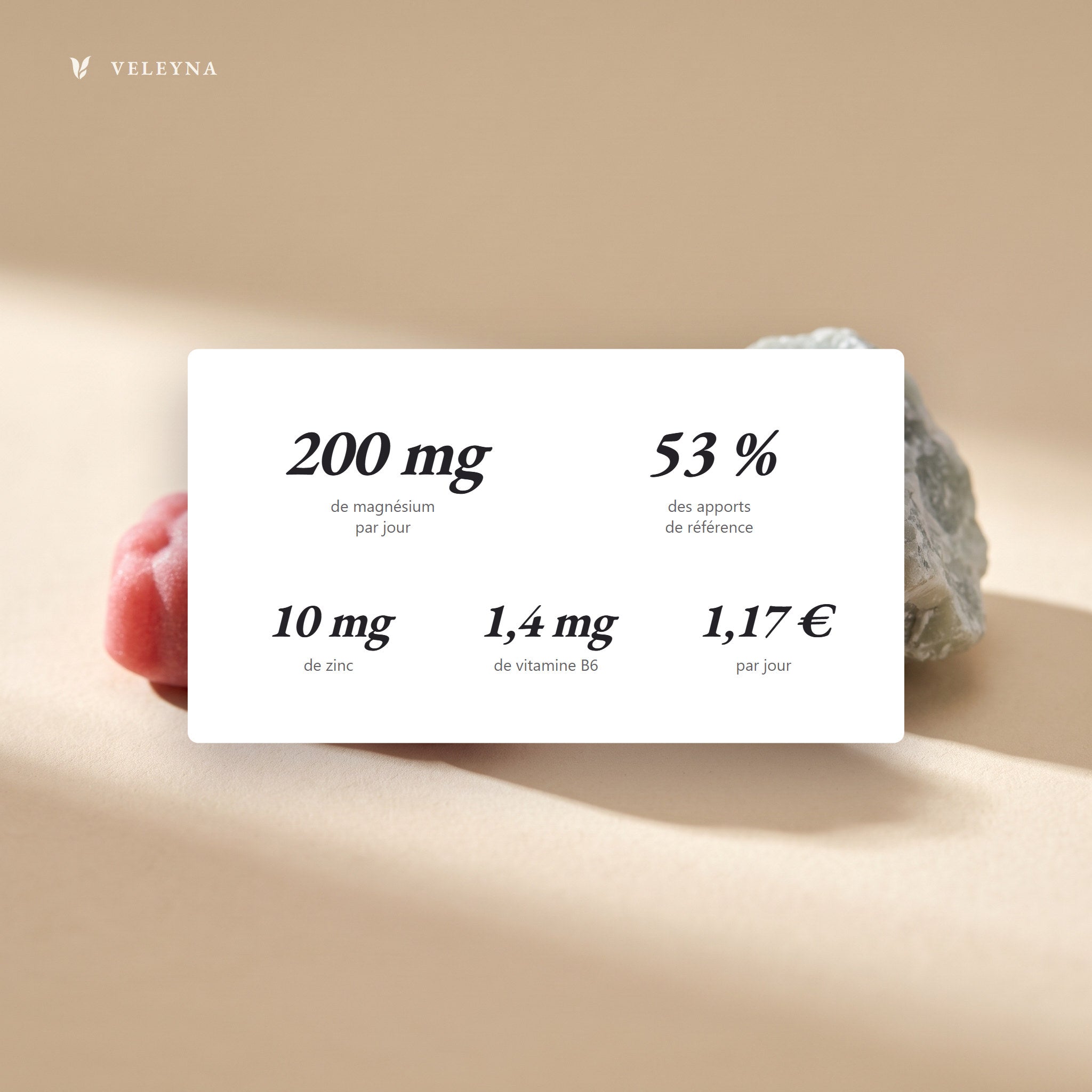 Chiffres clés de DAILY : 200 mg de magnésium, 53 % des apports de référence, 10 mg de zinc, 1,4 mg de vitamine B6