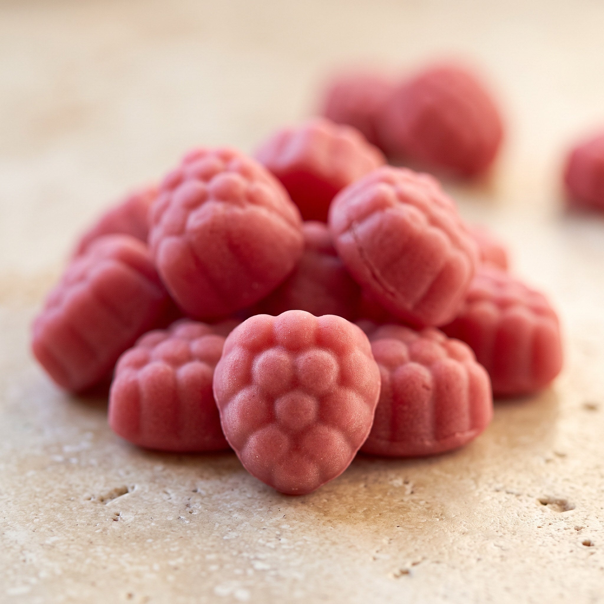 Gros plan sur les gummies rose framboise, forme moulée mate