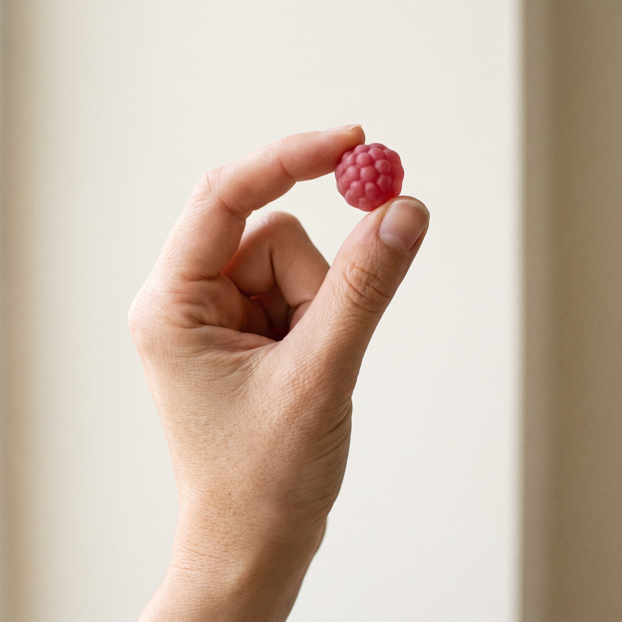 Main tenant un gummy entre le pouce et l'index