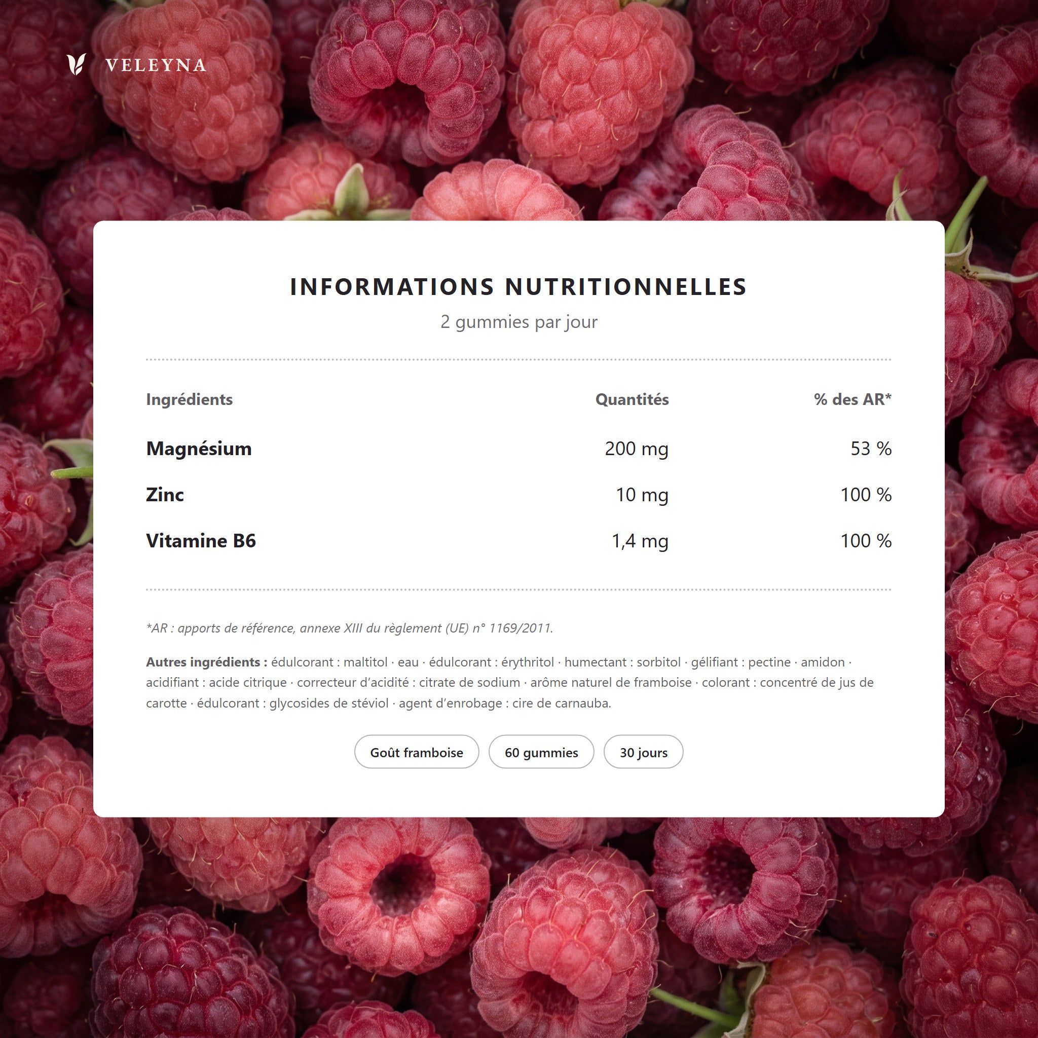 Informations nutritionnelles de DAILY pour 2 gummies : magnésium 200 mg, zinc 10 mg, vitamine B6 1,4 mg