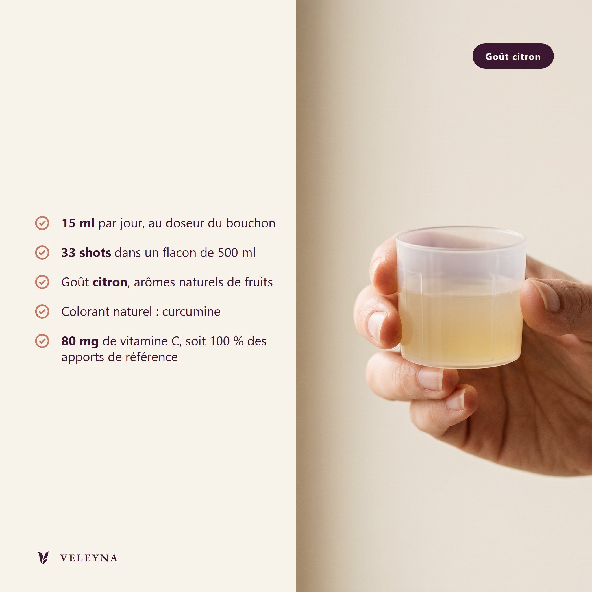 Ce que contient GUT : 15 ml par jour au doseur du bouchon, 33 shots dans un flacon de 500 ml, goût citron aux arômes naturels de fruits, colorant naturel curcumine, 80 mg de vitamine C soit 100 % des apports de référence