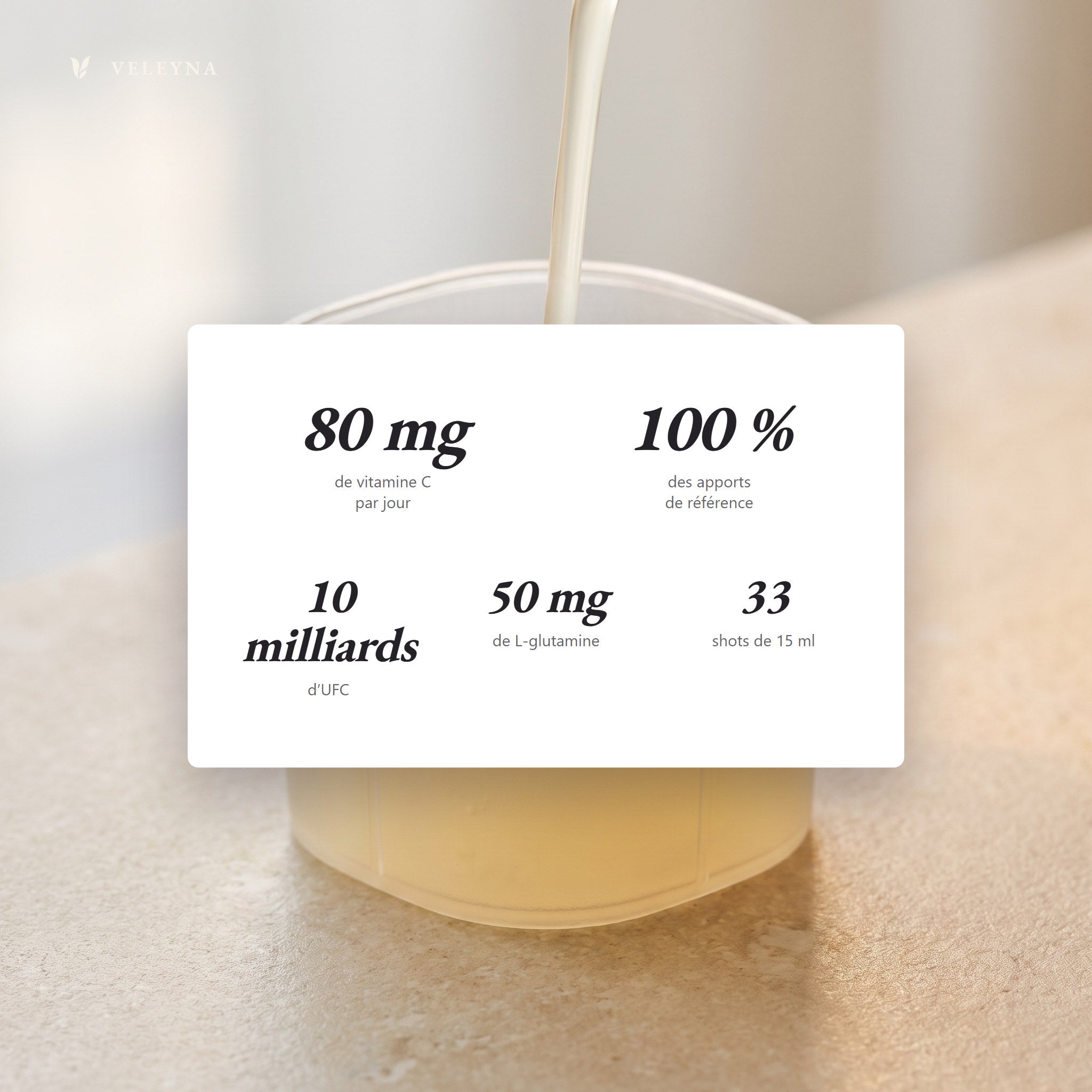 Chiffres clés de GUT : 80 mg de vitamine C par jour, 100 % des apports de référence, 10 milliards d'UFC, 50 mg de L-glutamine, 33 shots de 15 ml