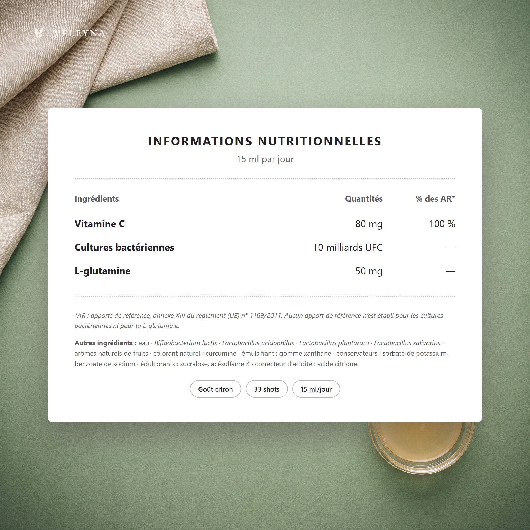 Informations nutritionnelles de GUT pour 15 ml : vitamine C 80 mg, 100 % des apports de référence ; cultures bactériennes 10 milliards d'UFC ; L-glutamine 50 mg