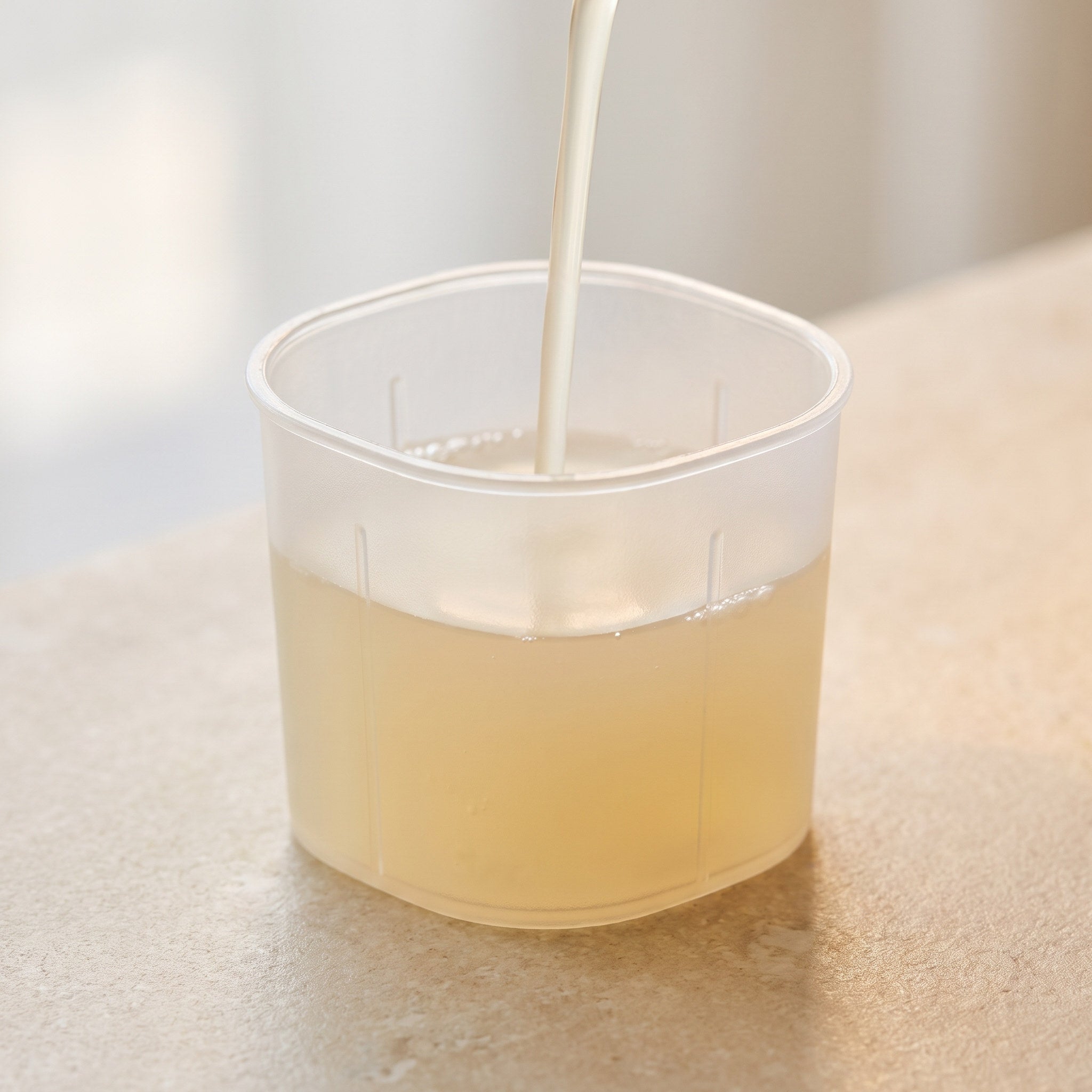 Liquide jaune pâle versé dans le doseur translucide