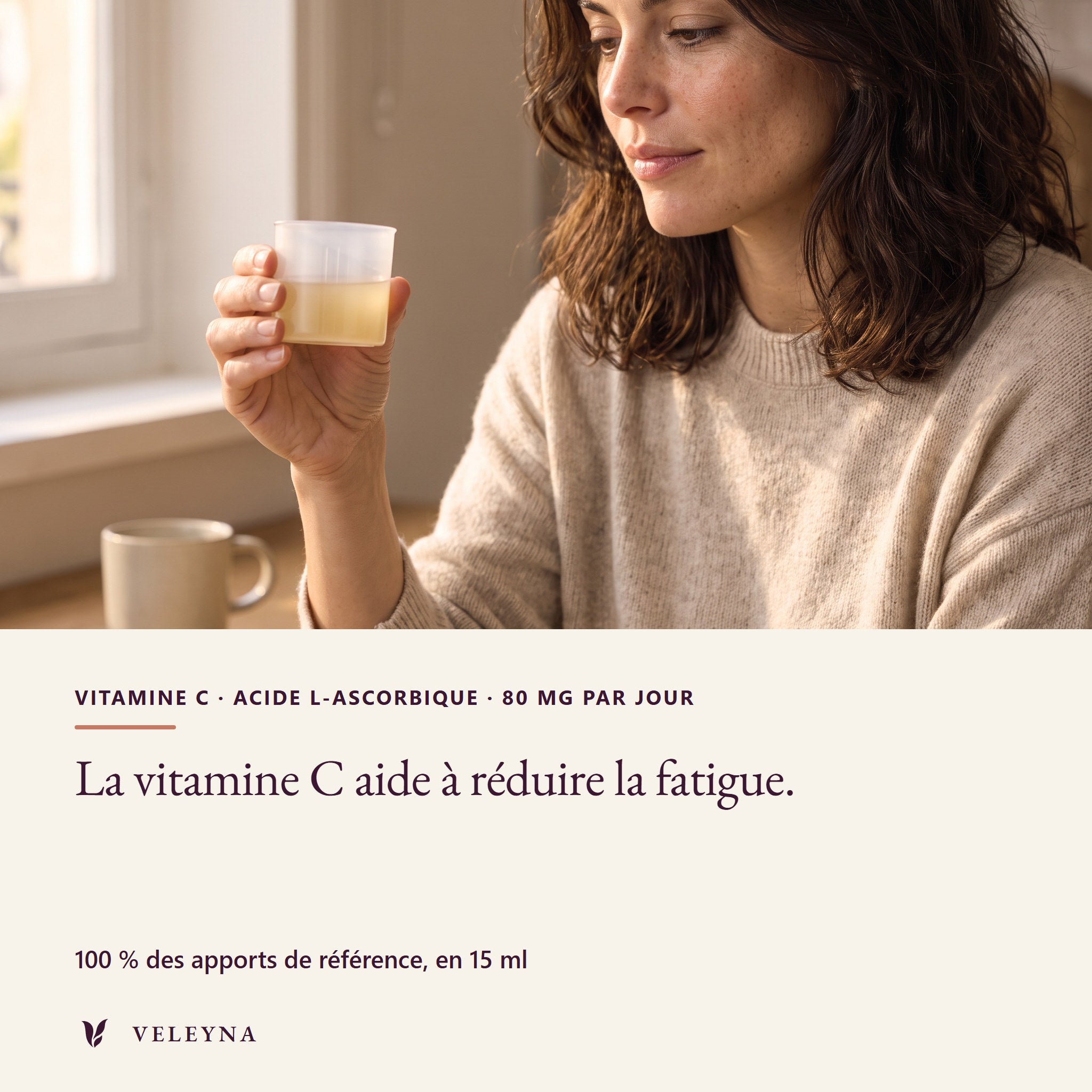 La vitamine C aide à réduire la fatigue. Vitamine C, acide L-ascorbique, 80 mg par jour, 100 % des apports de référence en 15 ml
