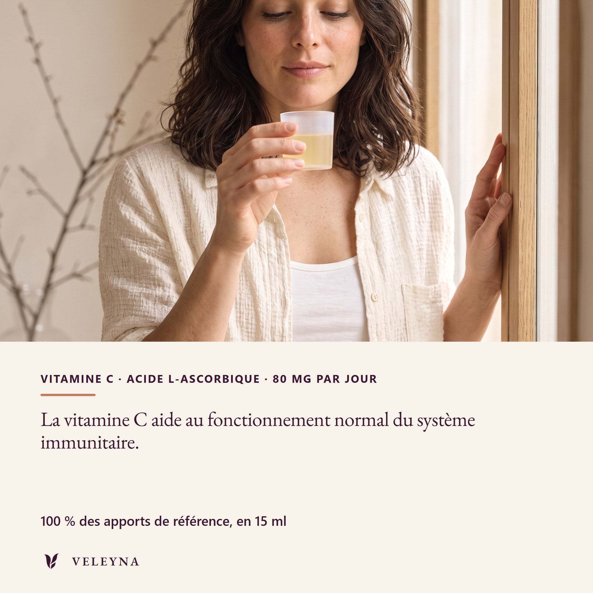 La vitamine C aide au fonctionnement normal du système immunitaire. Vitamine C, acide L-ascorbique, 80 mg par jour, 100 % des apports de référence en 15 ml