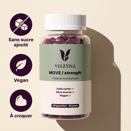 Pot de gummies MOVE sur fond crème, trois badges : Sans sucre ajouté, Vegan, À croquer