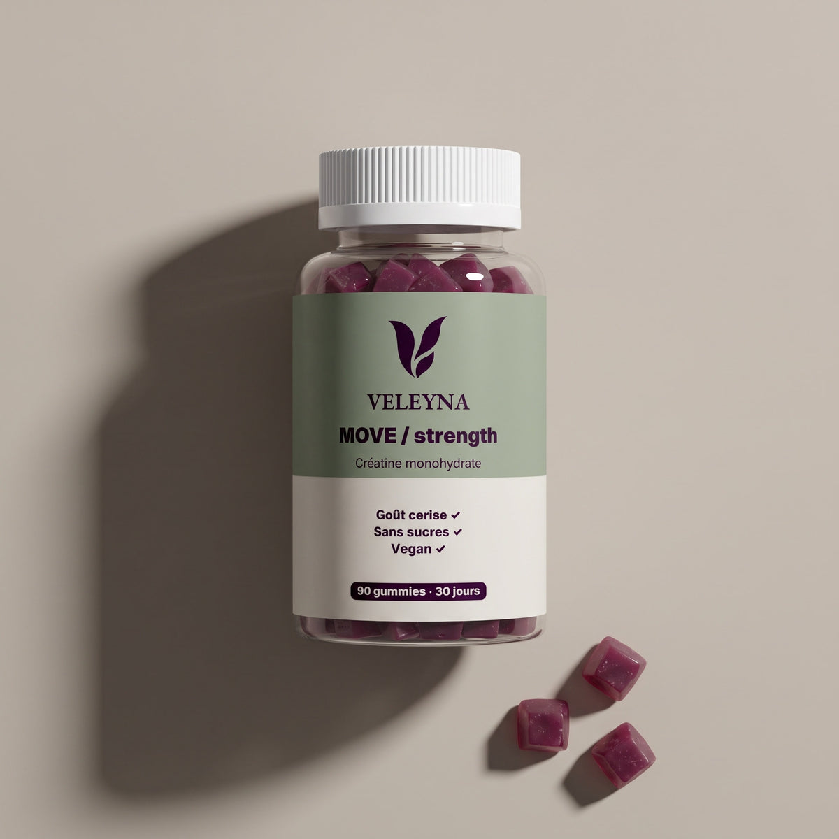 Pot MOVE vu de dessus, trois gummies posés devant